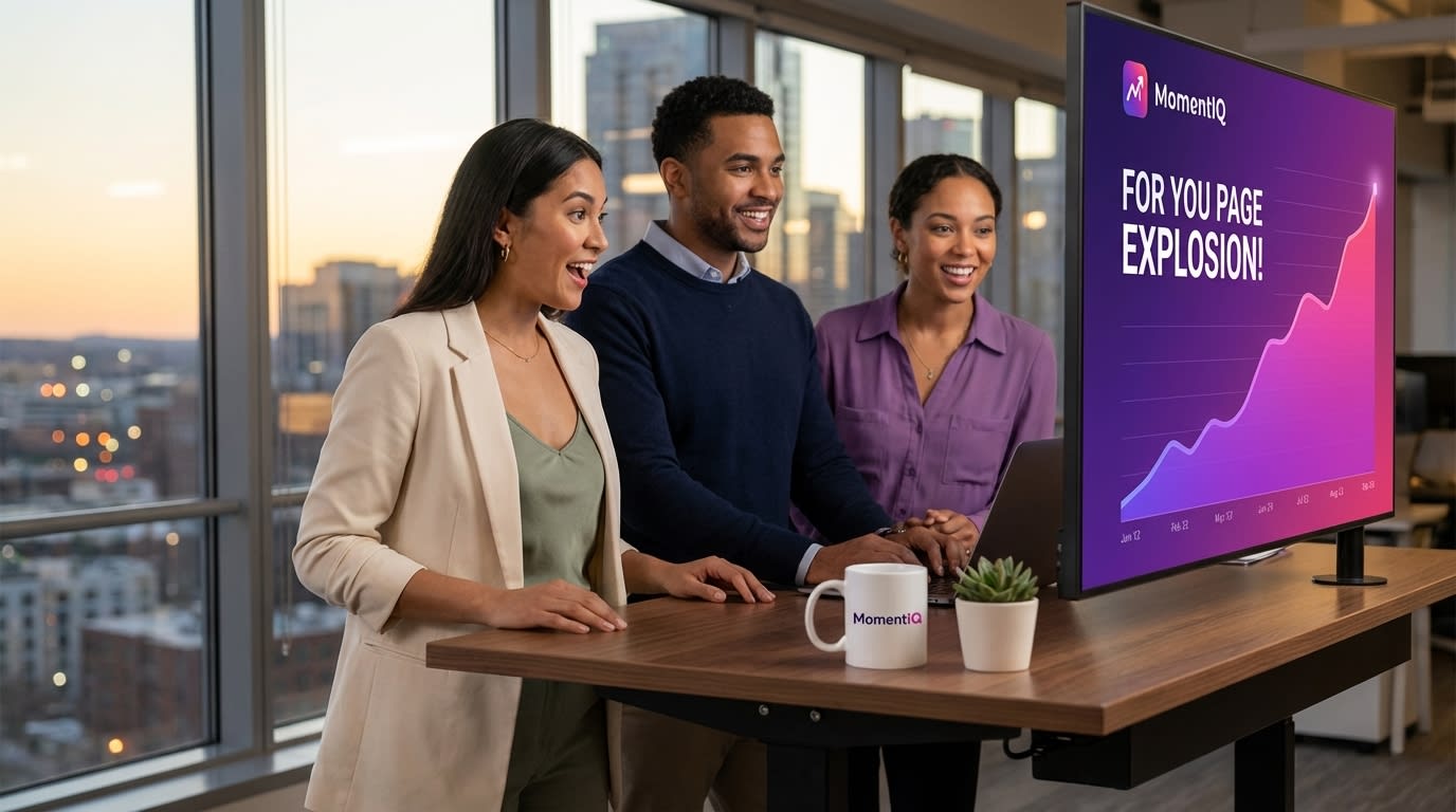 Aspirational brand team celebrating 'For You Page Explosion' and 60%+ completion rates on a TikTok Shop dashboard.