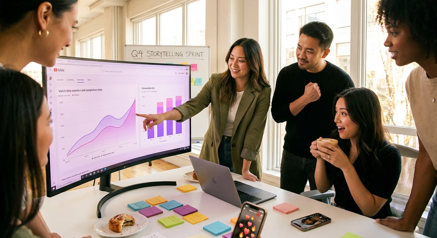 Brand strategy team celebrating rising TikTok Shop analytics on a dashboard showing increased watch time and conversion rates
