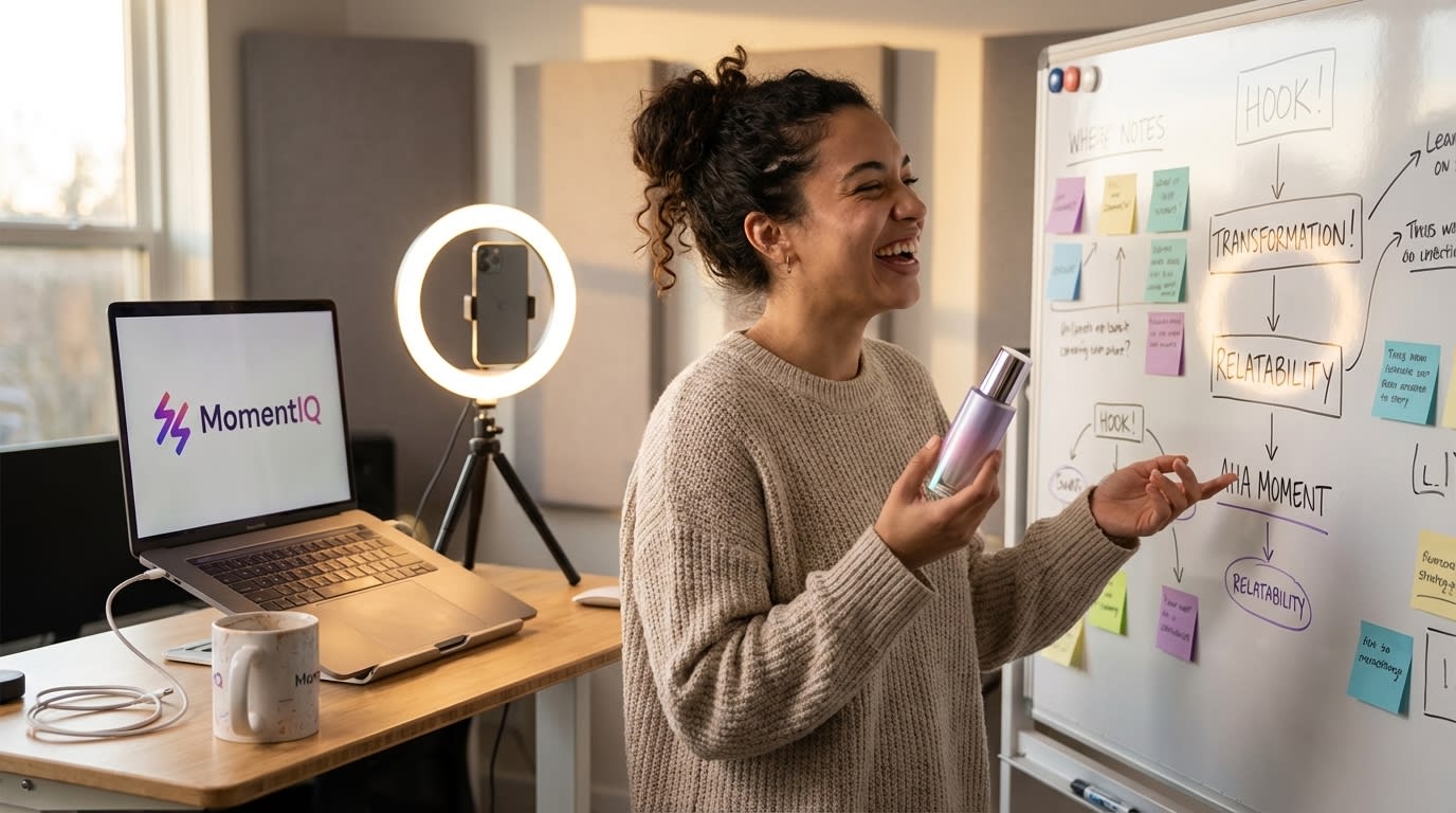 Energetic creator in a studio setup, holding a product and brainstorming TikTok Shop storytelling ideas.