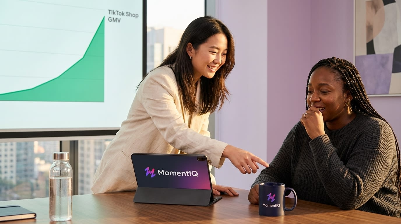 MomentIQ strategist showing a client a consistent upward trend in TikTok Shop GMV, symbolizing growth.
