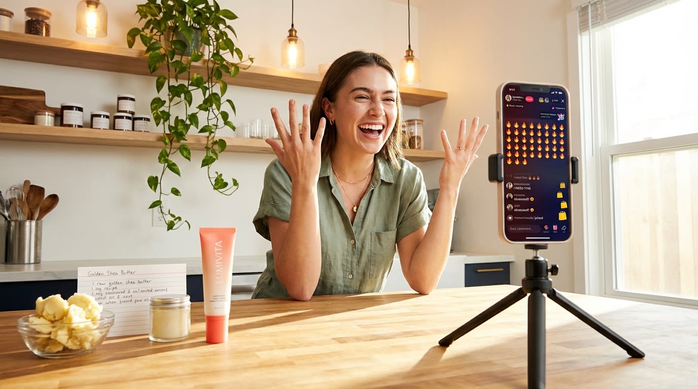 Founder filming her TikTok Shop origin story video with product prototypes and enthusiastic live audience comments