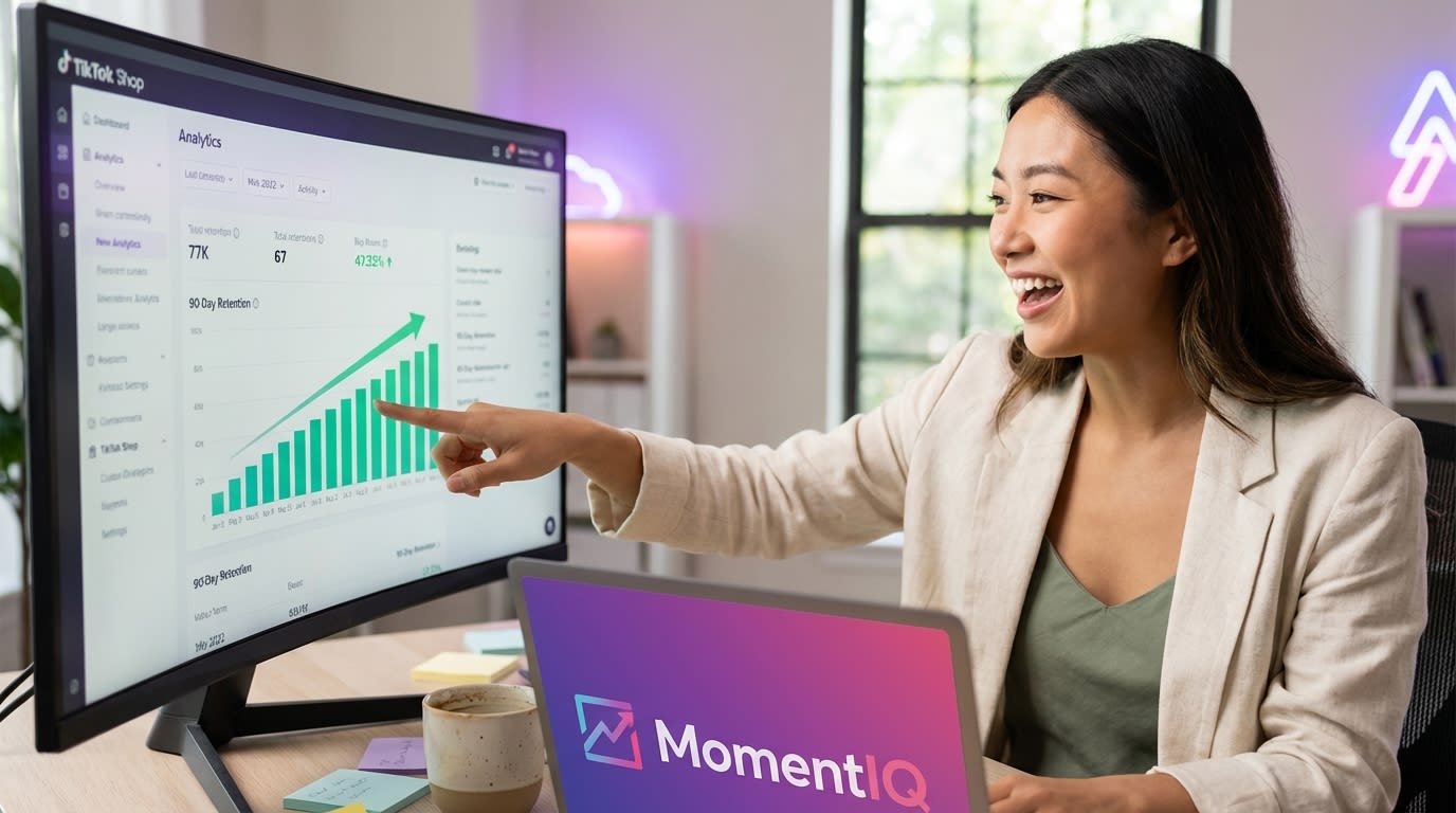 Brand strategist enthusiastically pointing at TikTok Shop analytics showing high 90-day customer retention
