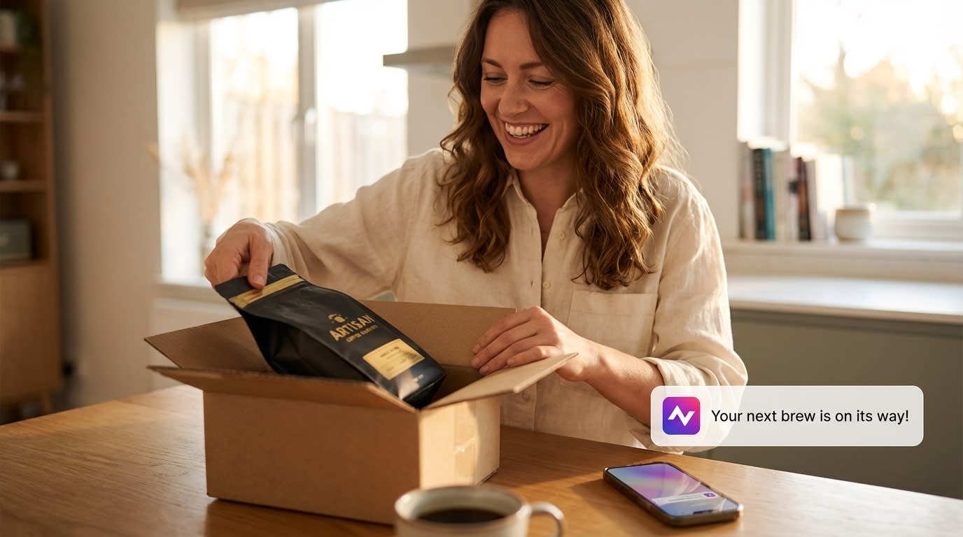 Delighted customer unboxing a TikTok Shop coffee bean replenishment order in sunny room