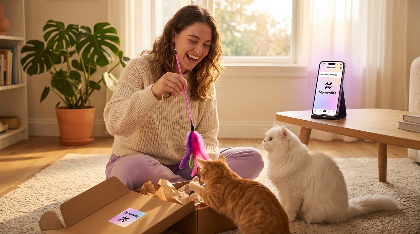 Excited customer with cats unboxing a TikTok Shop pet product subscription bundle