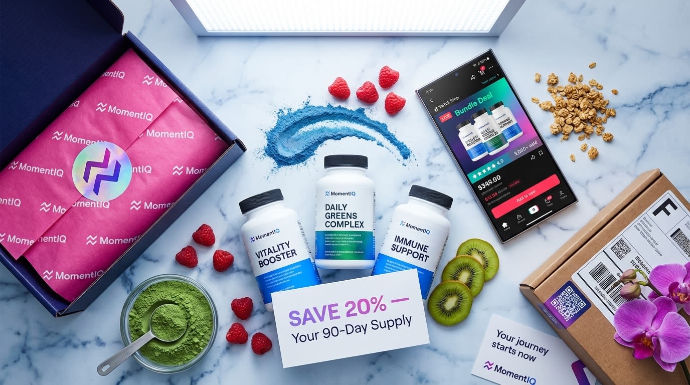 Flat lay of TikTok Shop 90-day supplement bundle with discount card phone showing product listing and branded packaging