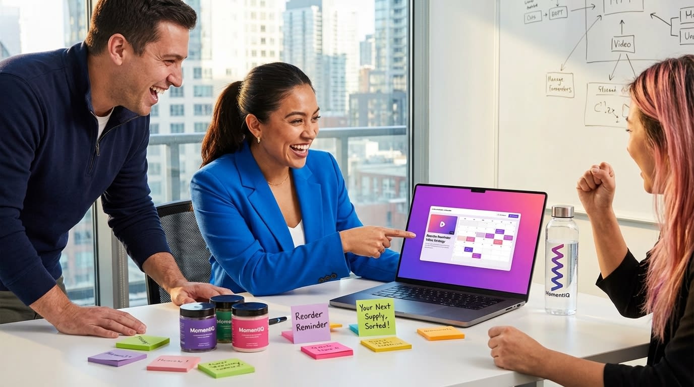 Focused brand team strategizing TikTok Shop replenishment content calendar with product samples