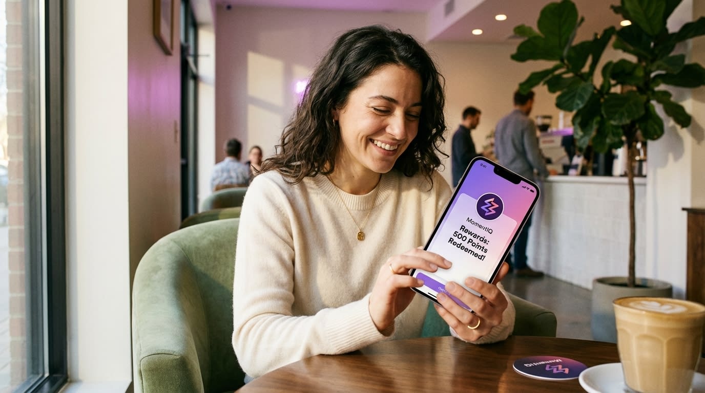 Happy customer engaging with TikTok Shop loyalty program on smartphone, redeeming points