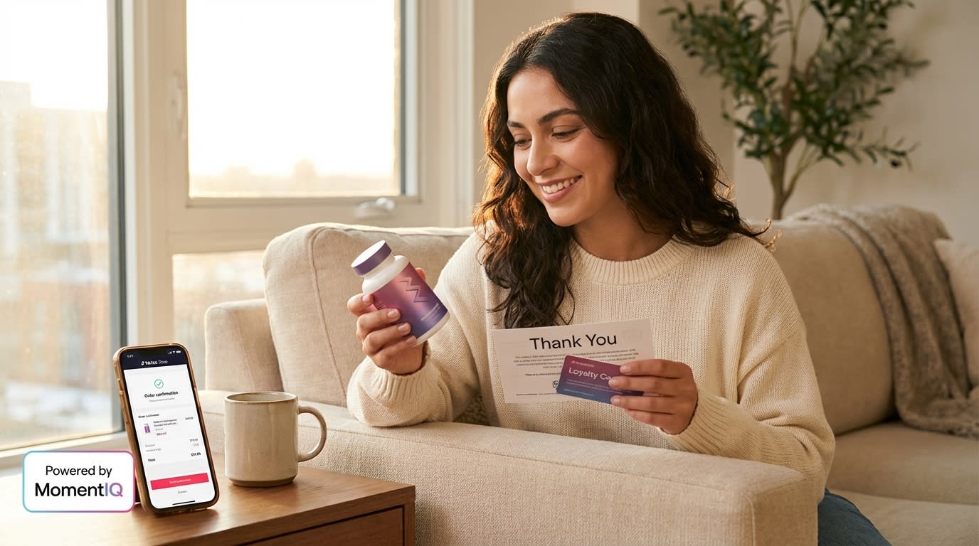 Happy customer unboxing a TikTok Shop supplement package, phone showing order confirmation