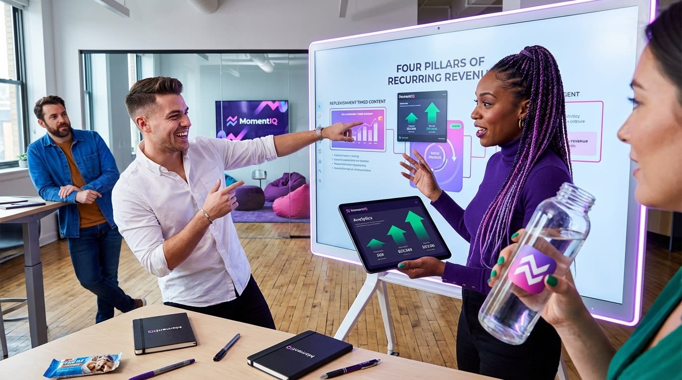 MomentIQ strategists enthusiastically discussing TikTok Shop's four pillars of recurring revenue on a whiteboard