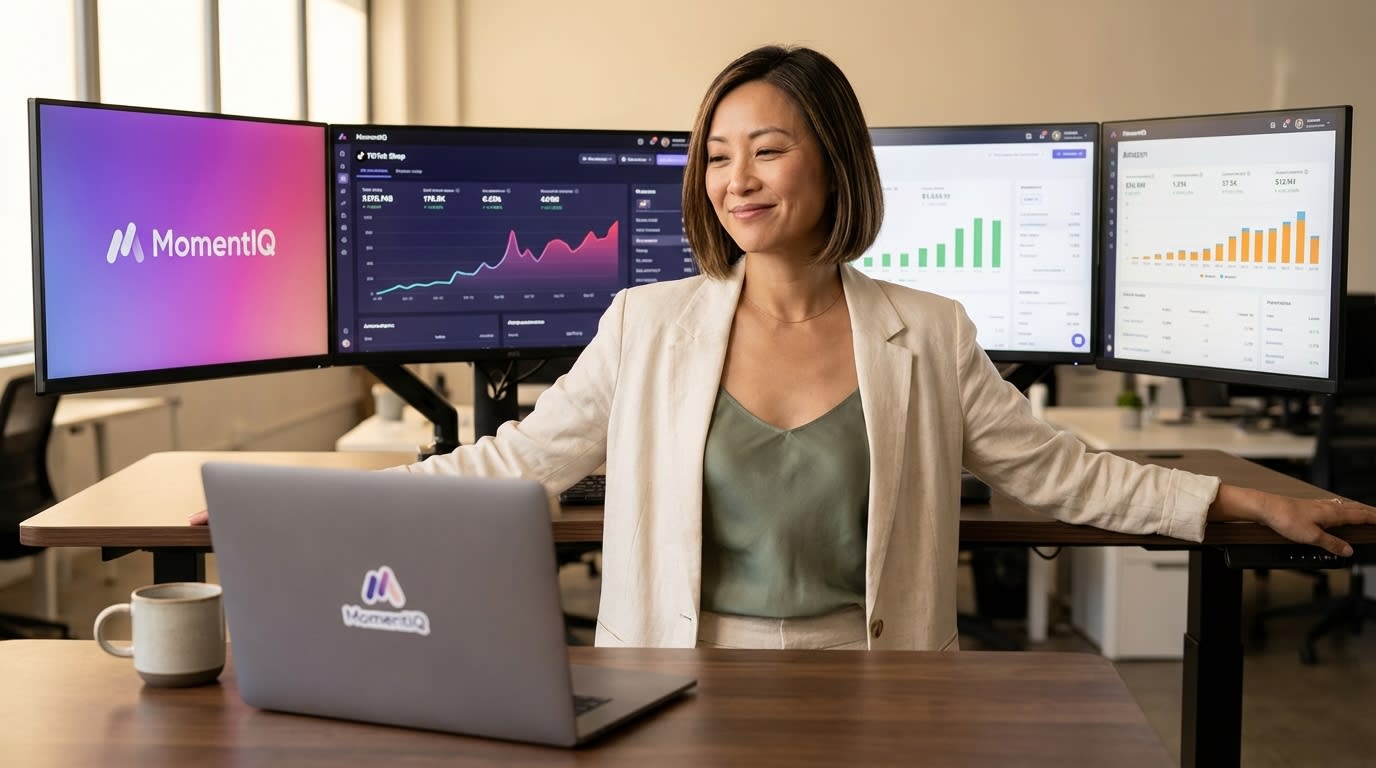 Aspirational shot of a CEO overseeing multiple marketplace dashboards including TikTok Shop, Shopify, and Amazon.