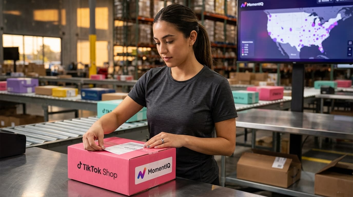 A bustling fulfillment center with a map showing TikTok Shop's nationwide sales tax handling across states.