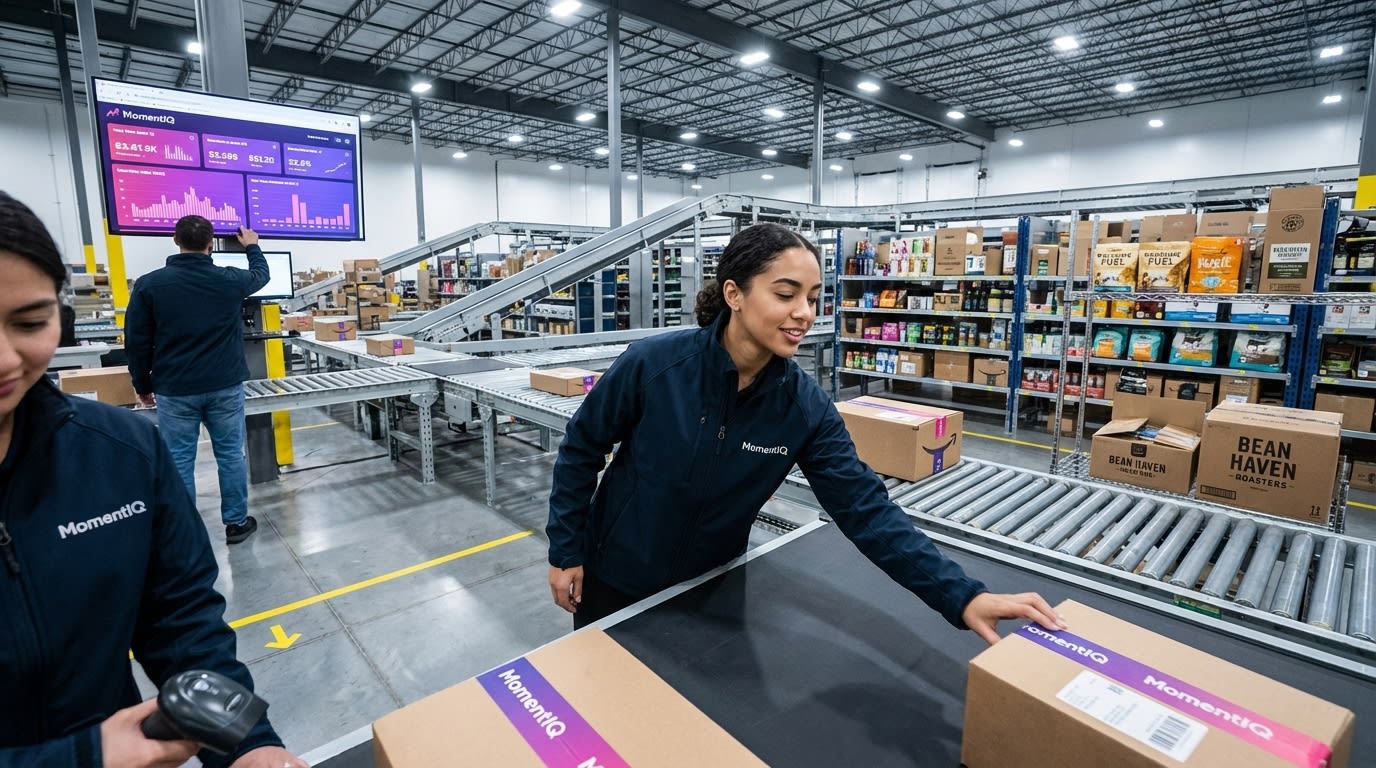 Warehouse worker cheerfully packing TikTok Shop orders with branded tape in a modern fulfillment center