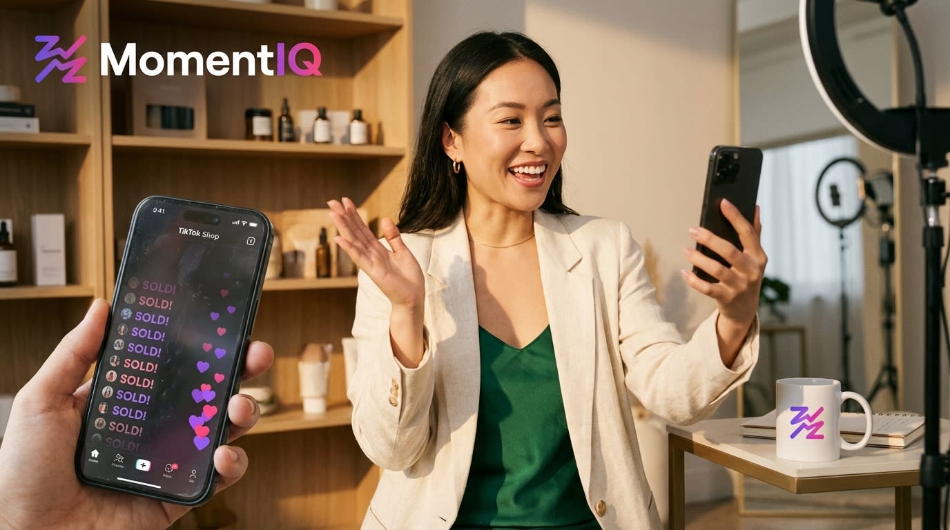 Charismatic TikTok Shop live stream host engaging with customers as 'SOLD!' notifications flood the screen.