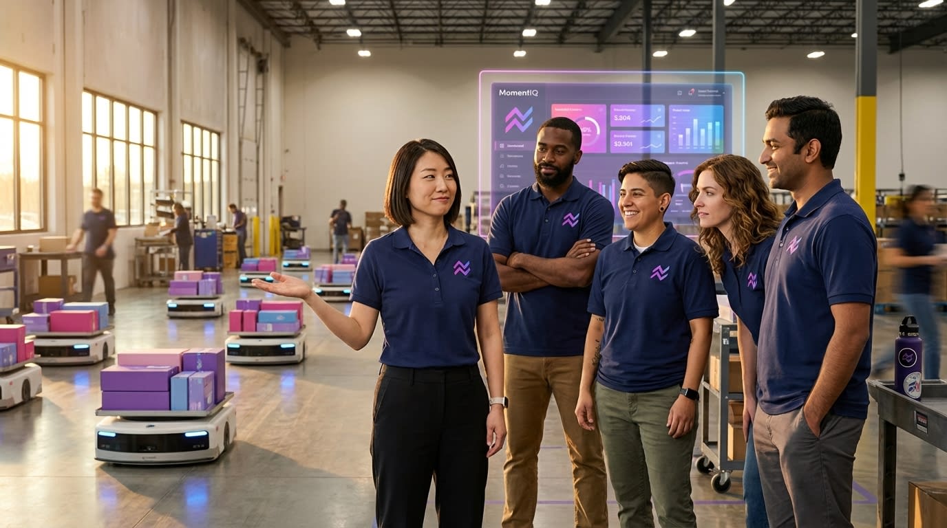 Aspirational shot of a modern, organized fulfillment center with confident TikTok Shop operations managers.