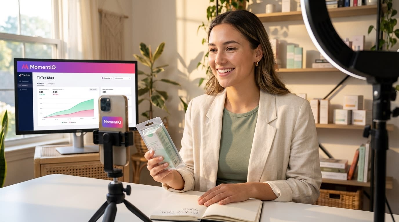 Clean and vibrant creator studio setup with a phone on a tripod, ring light, and TikTok Shop product samples.