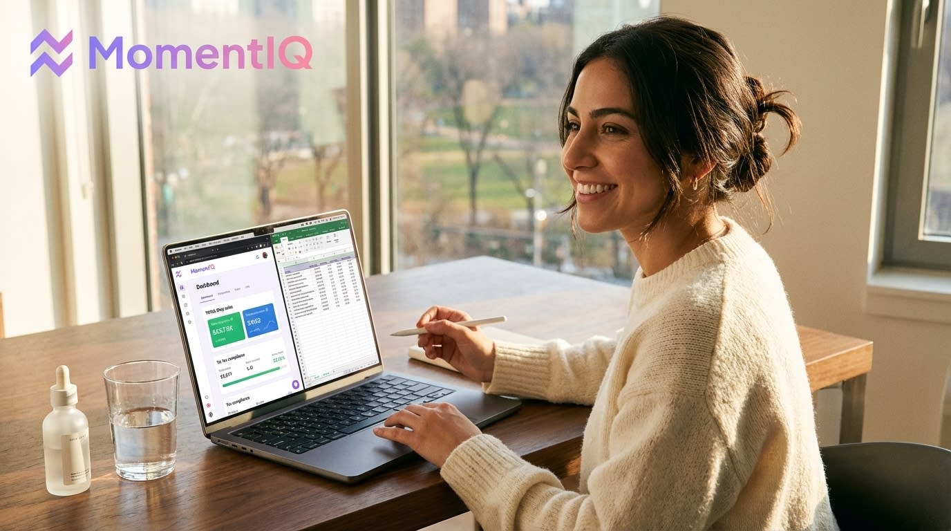 Confident female entrepreneur reviewing TikTok Shop financials on her laptop in a bright, minimalist workspace.