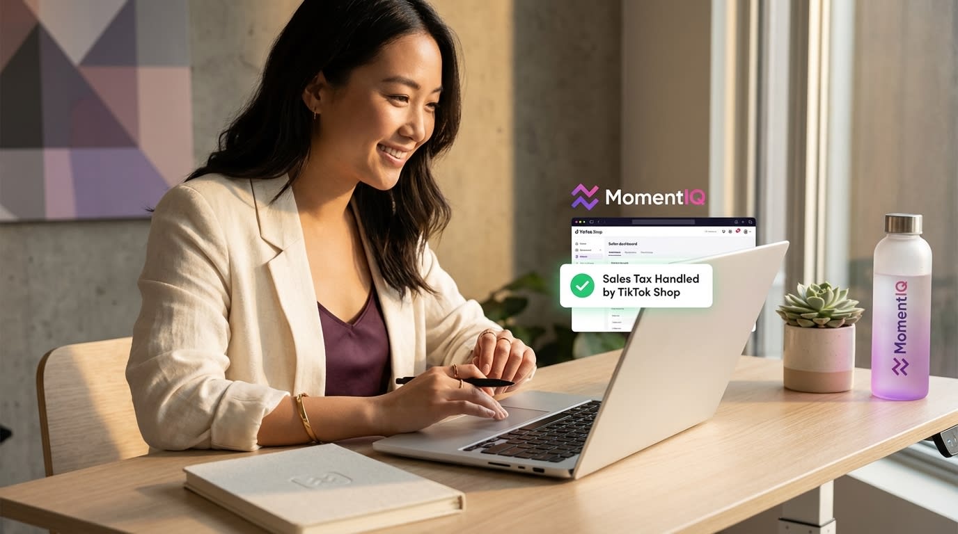 Confident TikTok Shop seller reviewing her dashboard with a green checkmark for sales tax handling.