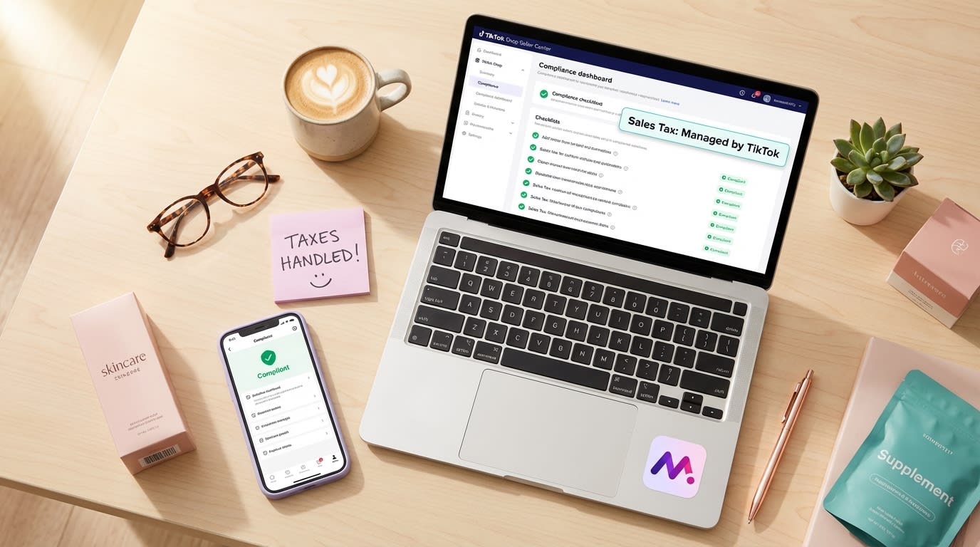 Flat lay of TikTok Shop seller dashboard showing sales tax compliance with organized workspace and product packaging