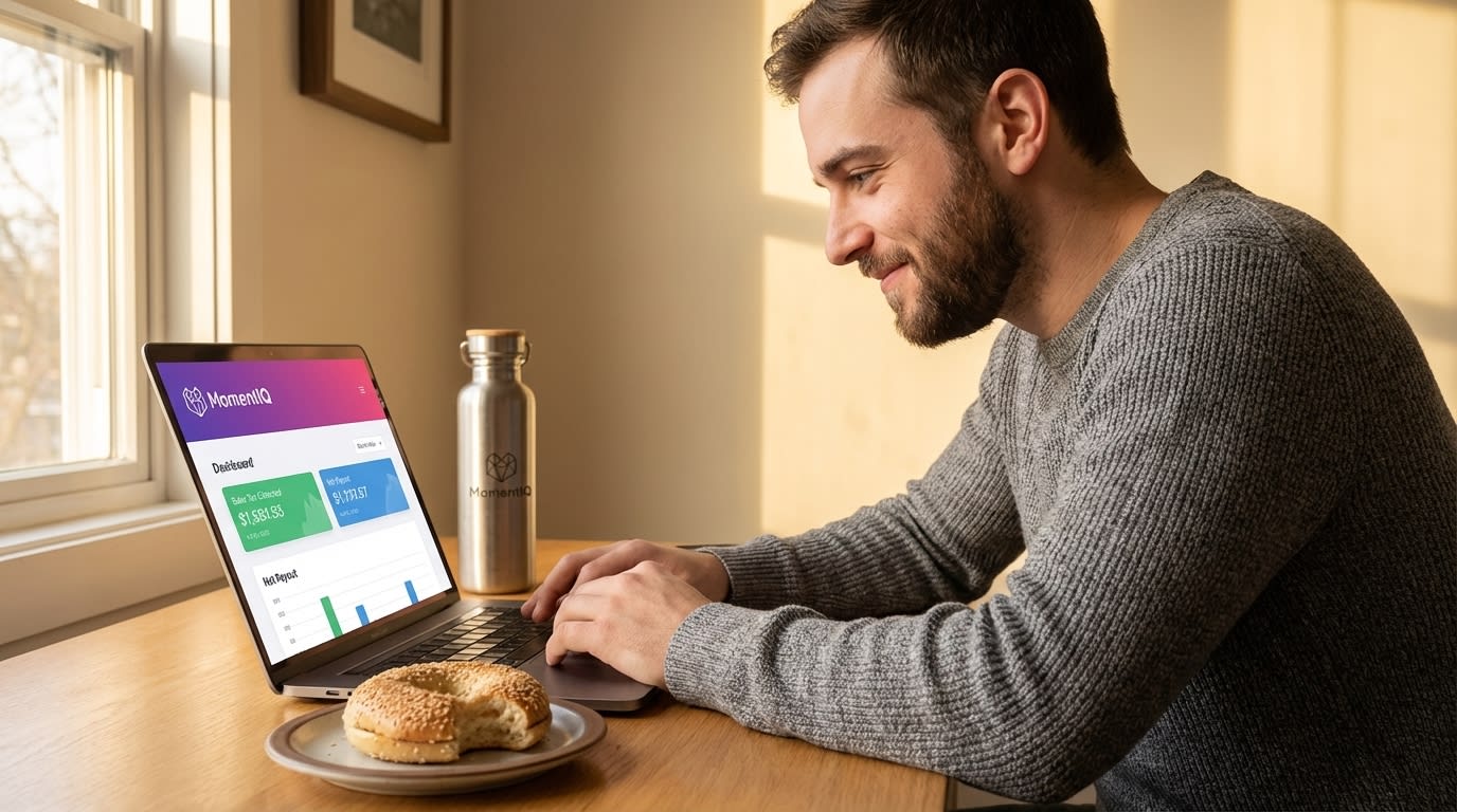 Focused brand manager confidently reviewing TikTok Shop seller dashboard with clear sales tax reports.