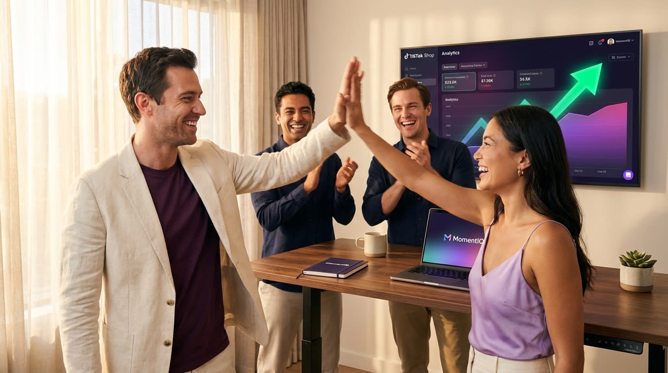 Diverse TikTok Shop team celebrating a GMV spike on a sales dashboard with high-fives and smiles.