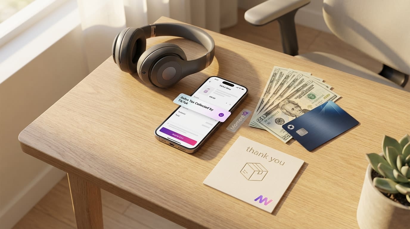 Overhead flat lay of a TikTok Shop checkout screen showing sales tax collected, with money and product.