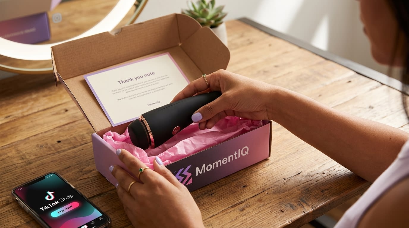 Overhead flat lay of hands excitedly unboxing a TikTok Shop product seeding package with branded items and a smartphone.