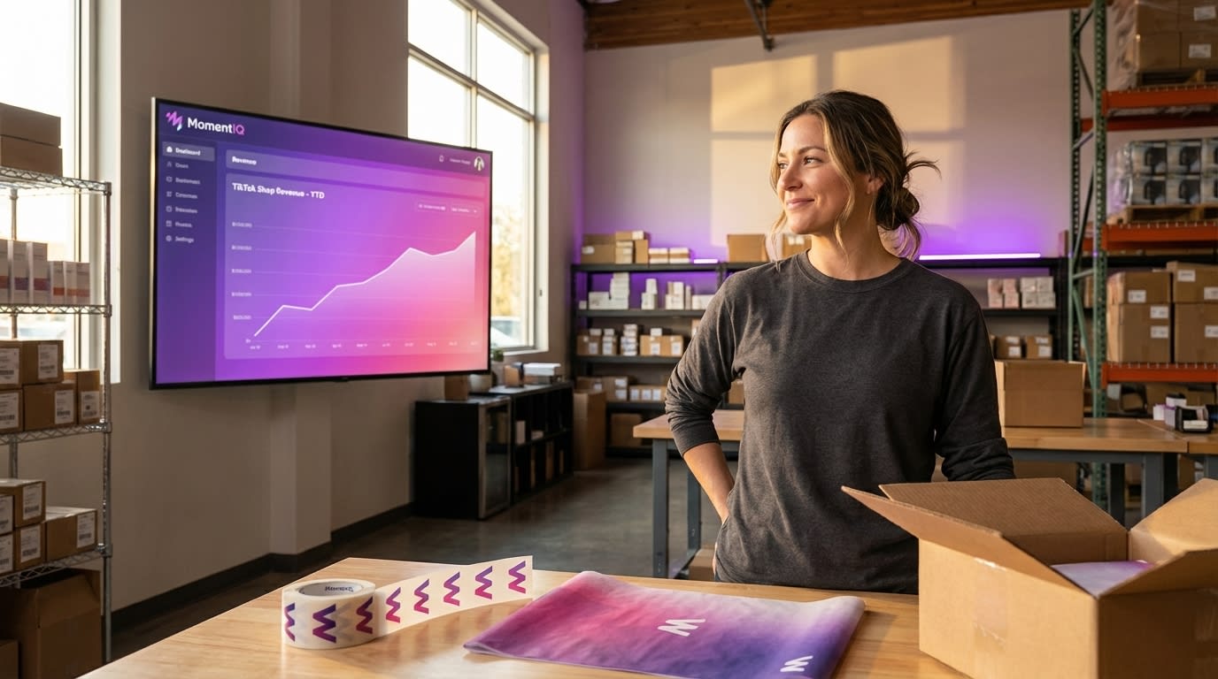 Successful TikTok Shop seller proudly standing in organized fulfillment warehouse with revenue dashboard showing growth