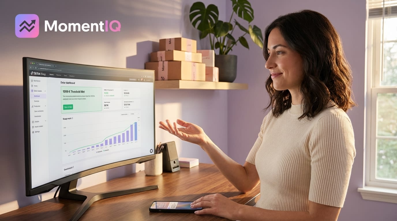 TikTok Shop seller confidently reviewing 1099-K gross payment dashboard on monitor with sale notifications on phone