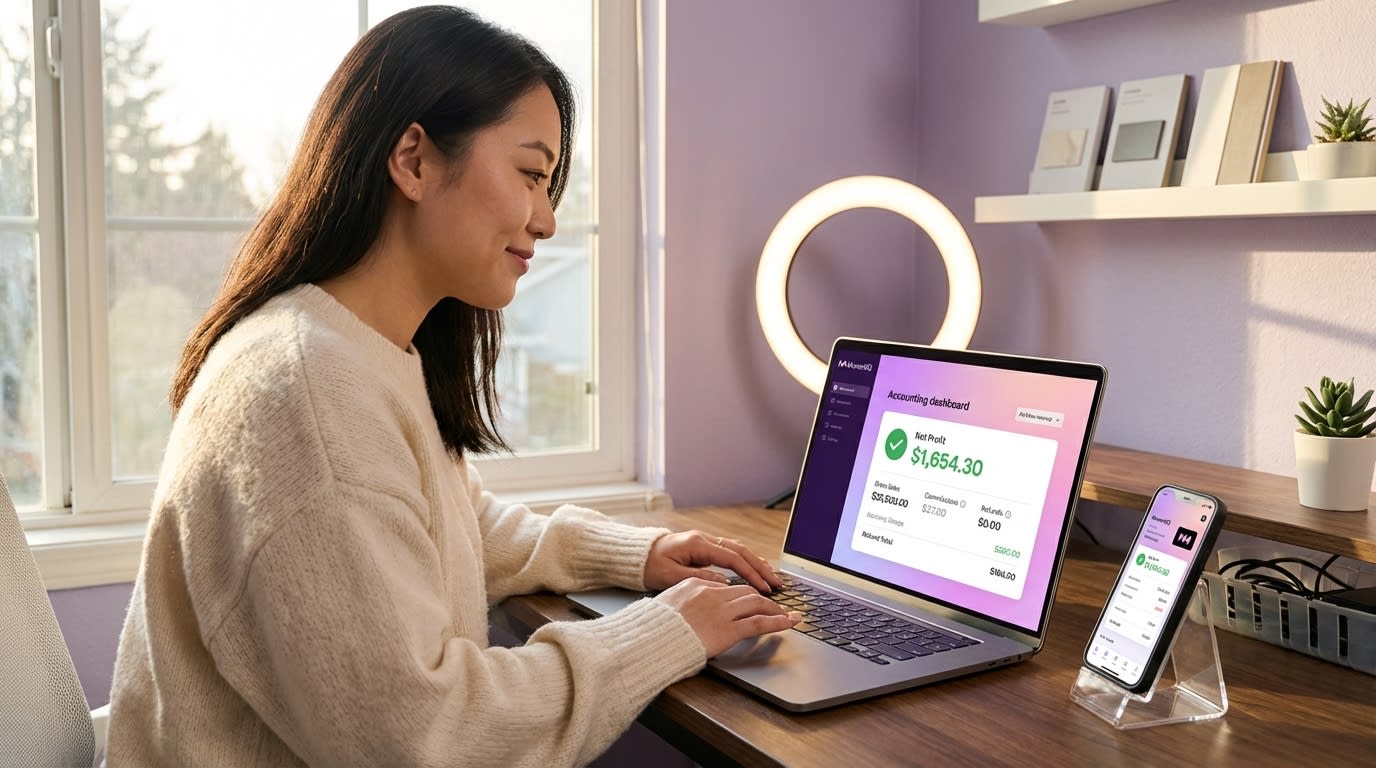 TikTok Shop seller's accounting dashboard showing color-coded revenue breakdown with 1099-K reconciliation on laptop