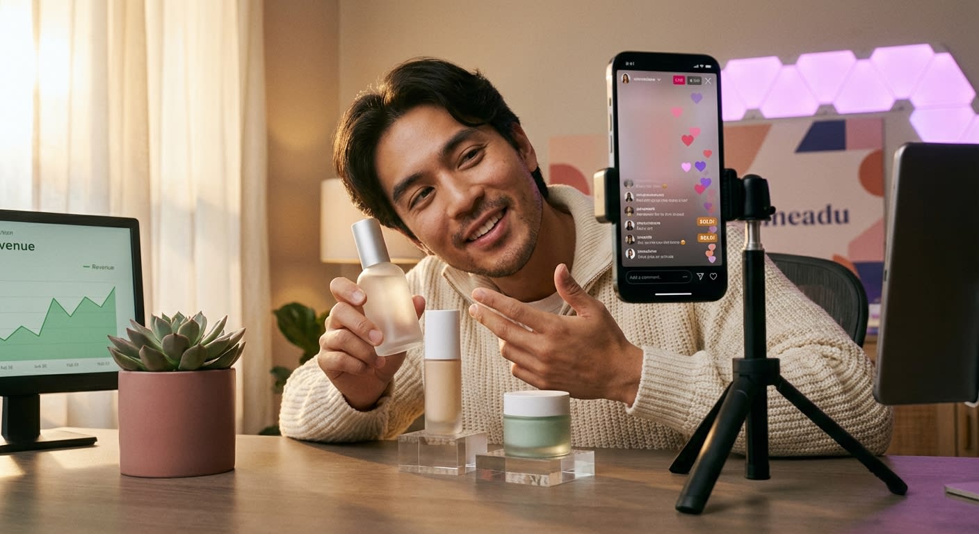 Confident TikTok Shop live stream host presenting products with rising sales dashboard and heart emoji reactions on screen