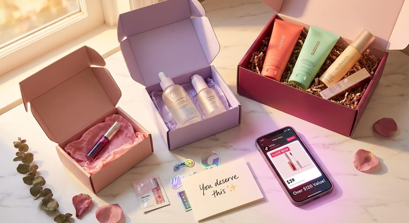 Flat lay of TikTok Shop mystery box tiers with colorful products and live shopping interface on phone screen