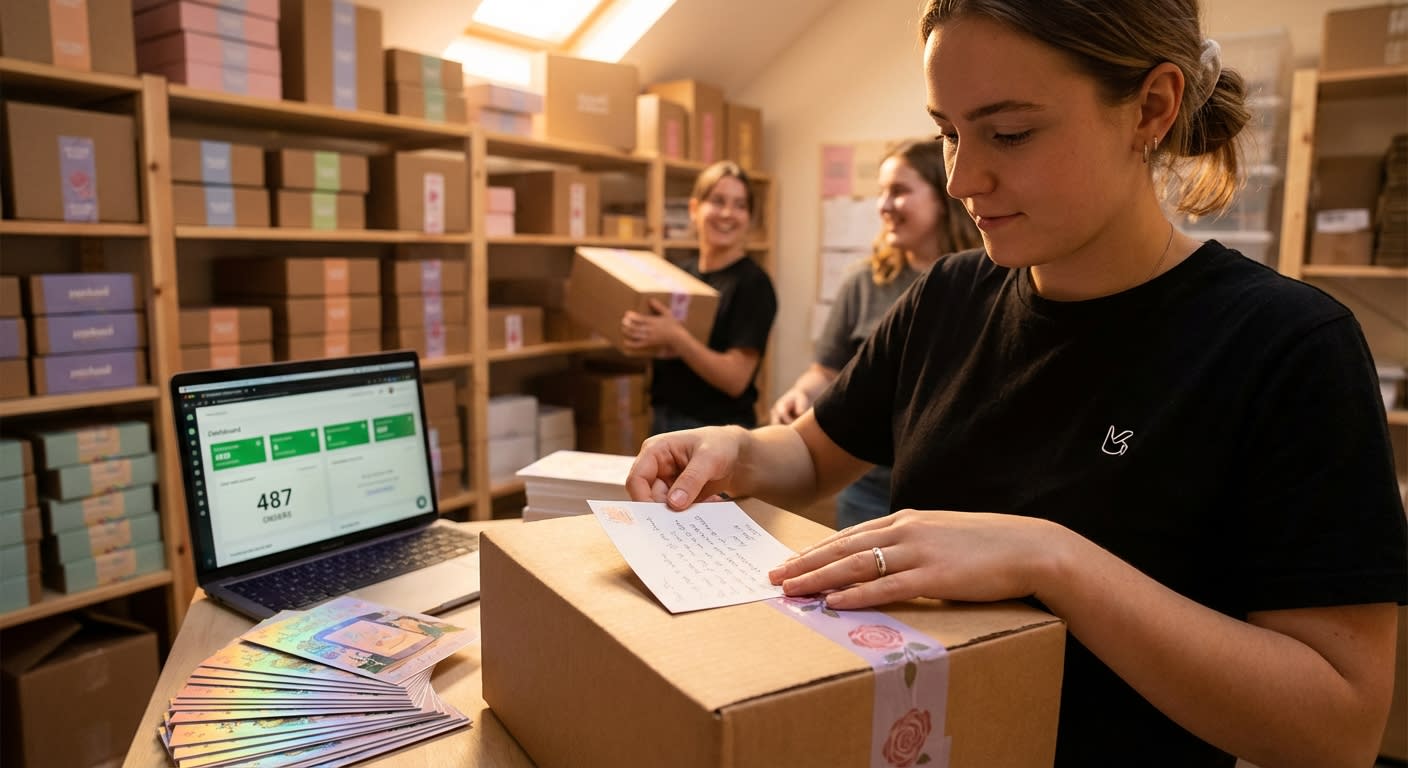 Organized TikTok Shop fulfillment warehouse with team packing themed event orders and live sales dashboard on screen