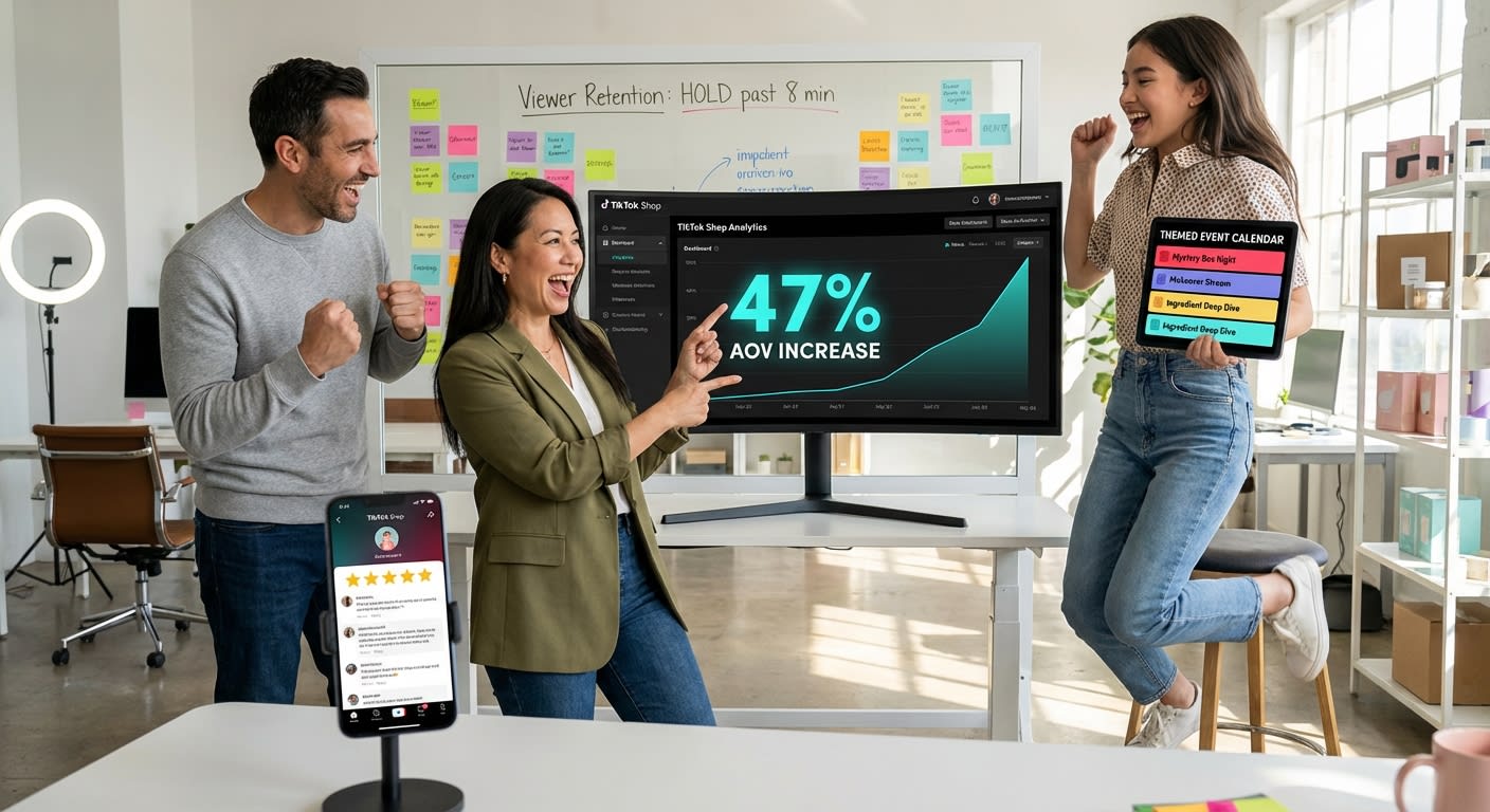 TikTok Shop brand team celebrating strong analytics results with themed live event strategy on whiteboard