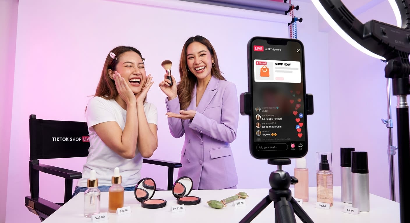 TikTok Shop live makeover stream with host applying beauty products to delighted customer volunteer in creator studio