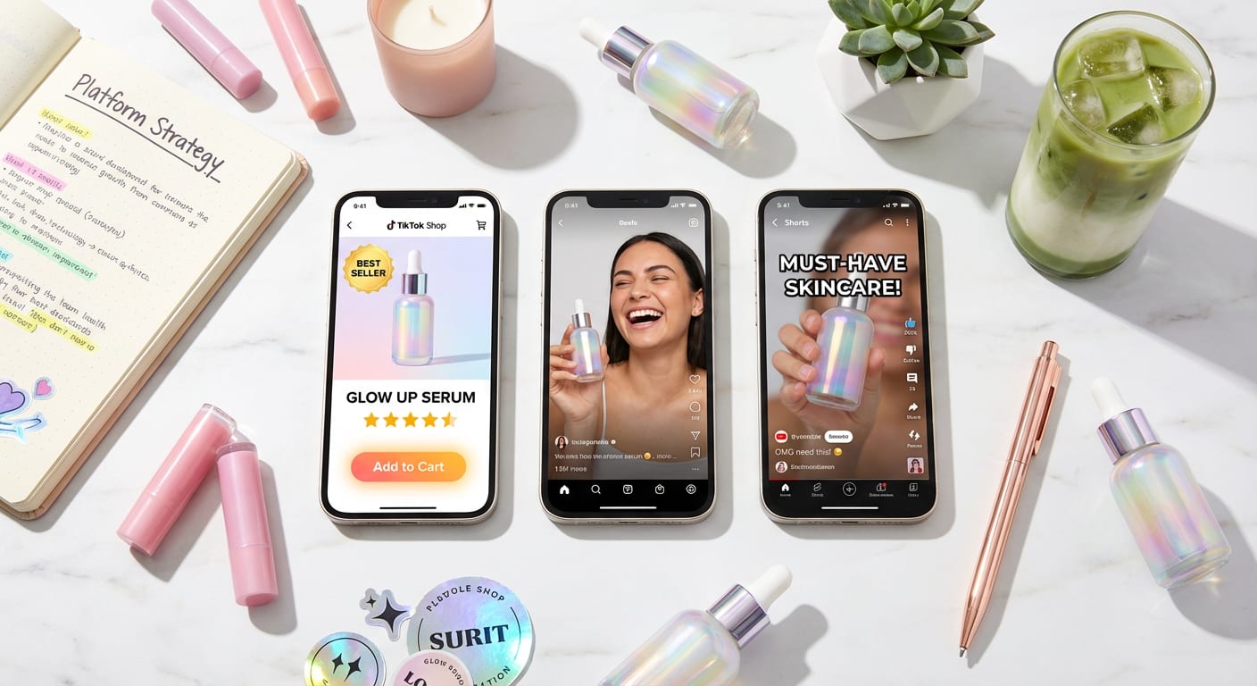 Flat lay of three phones showing TikTok Shop Instagram Reels and YouTube Shorts with product samples and strategy notes