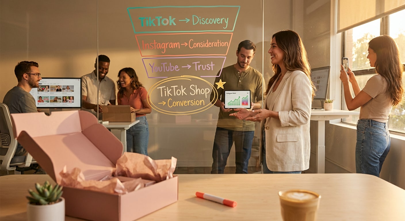 Modern marketing team mapping out a TikTok Shop to Instagram to YouTube cross-platform social commerce funnel on a glass whiteboard