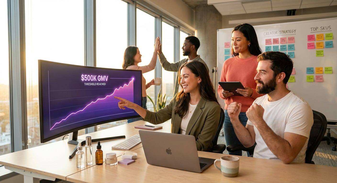 Brand team celebrating TikTok Shop revenue milestone on a sales dashboard showing upward growth trends