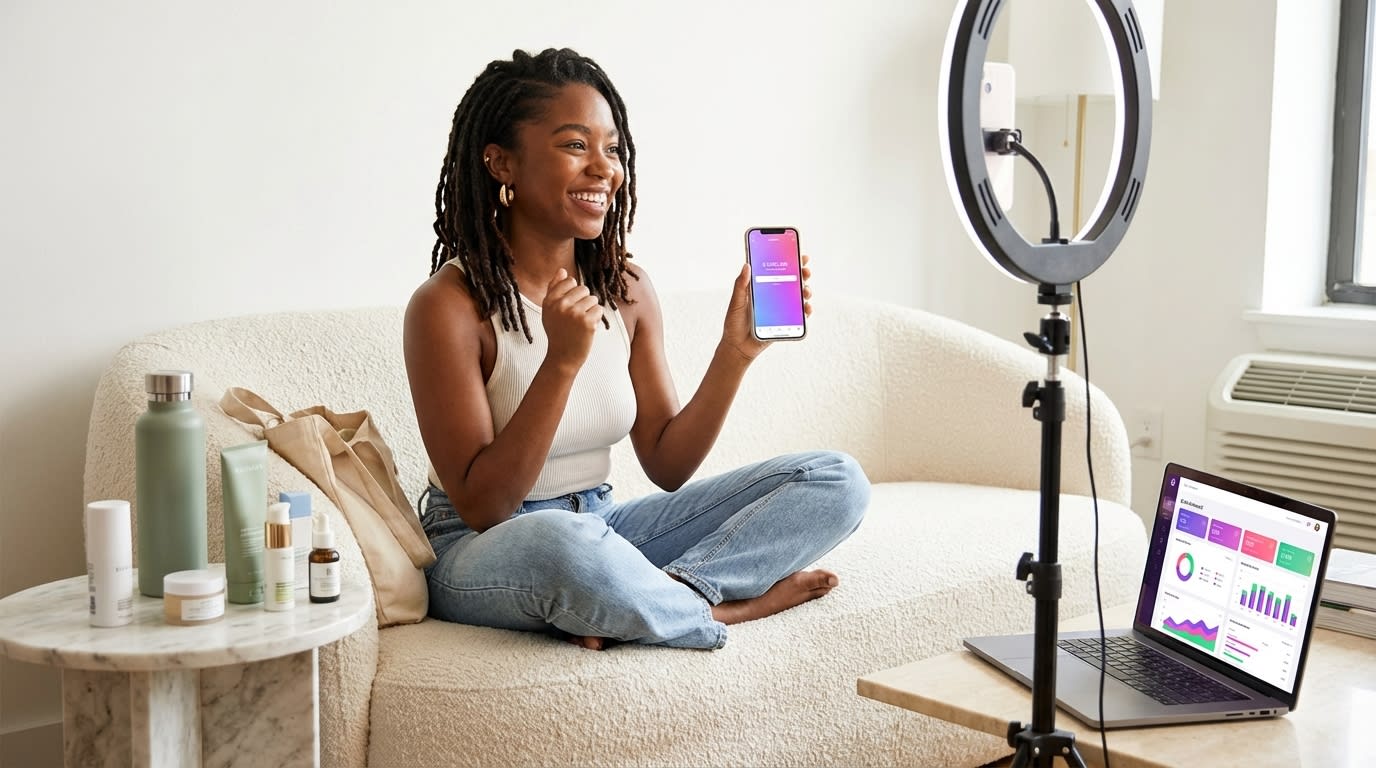 Confident creator watching TikTok Shop product video views climb past 100K on her phone