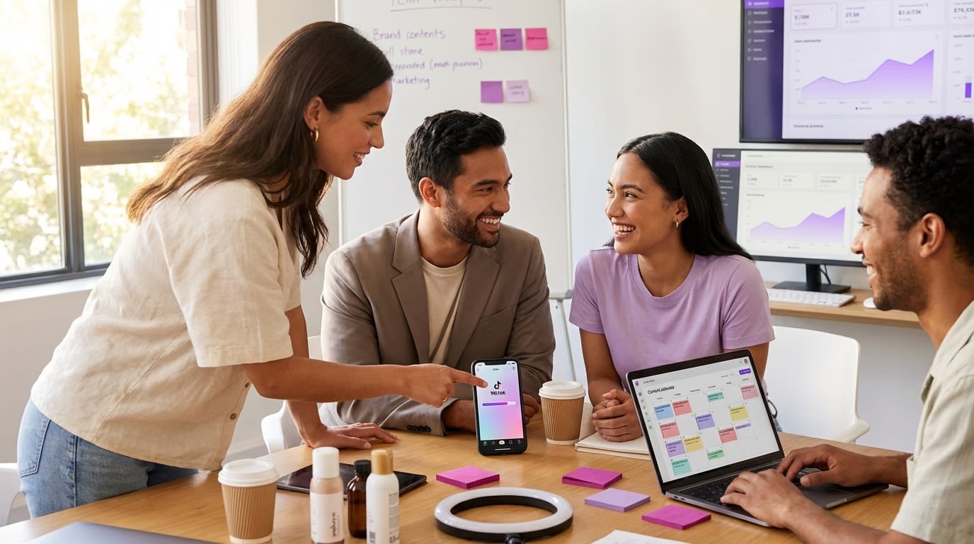 Content team reviewing TikTok Shop trend-aligned video drafts with product samples and content calendar