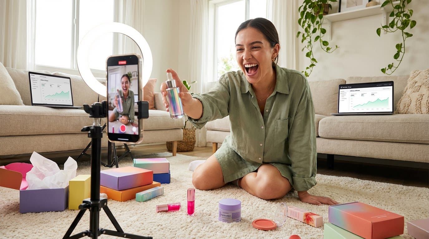 Creator excitedly unboxing TikTok Shop product seeding package while filming with ring light setup