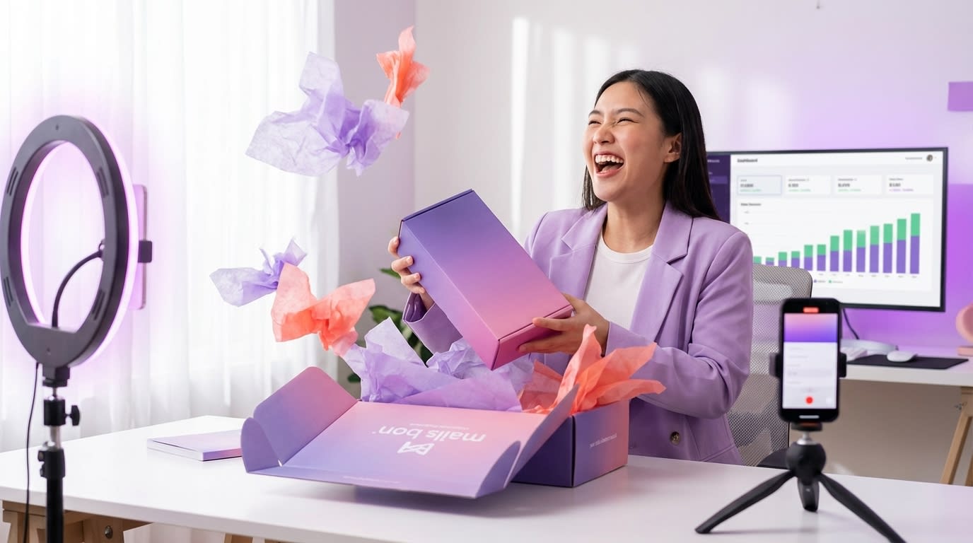 Creator excitedly unboxing TikTok Shop product seeding package while filming with ring light setup