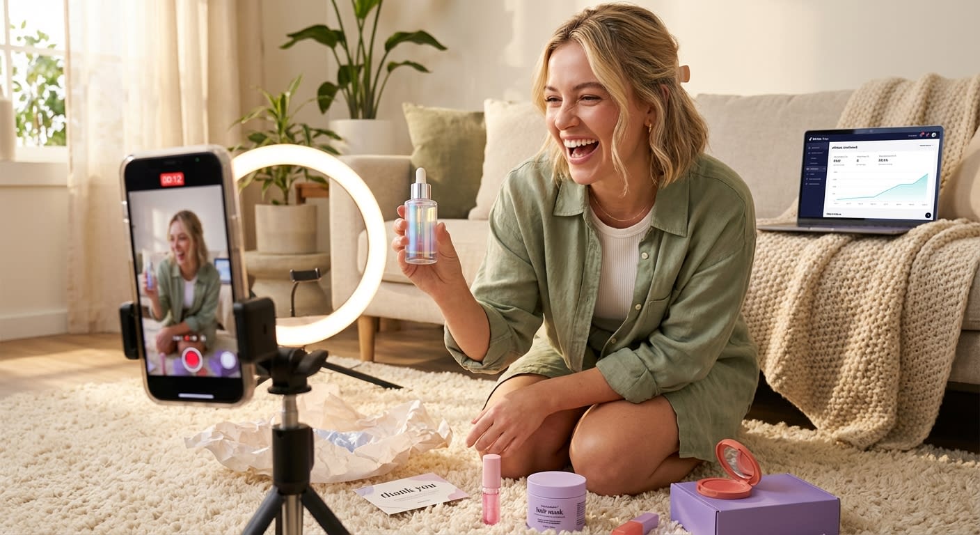 Creator excitedly unboxing TikTok Shop product seeding package while filming content with ring light and tripod setup