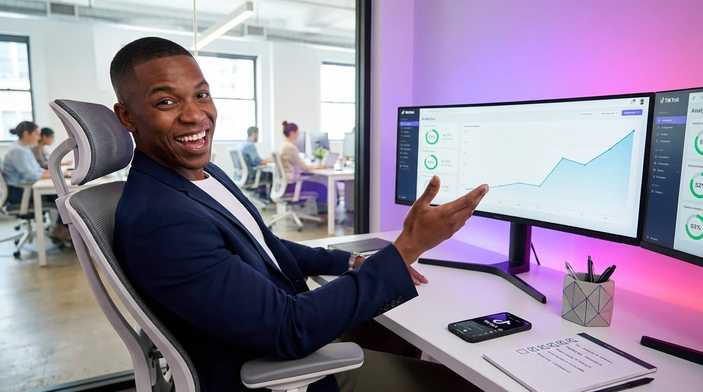 Dual monitors showing TikTok Shop GMV growth analytics and Creative Center trending data