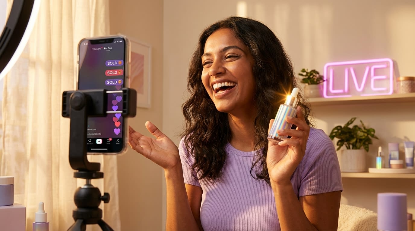 Energetic TikTok Shop live host presenting trending skincare product with SOLD overlays and heart emojis