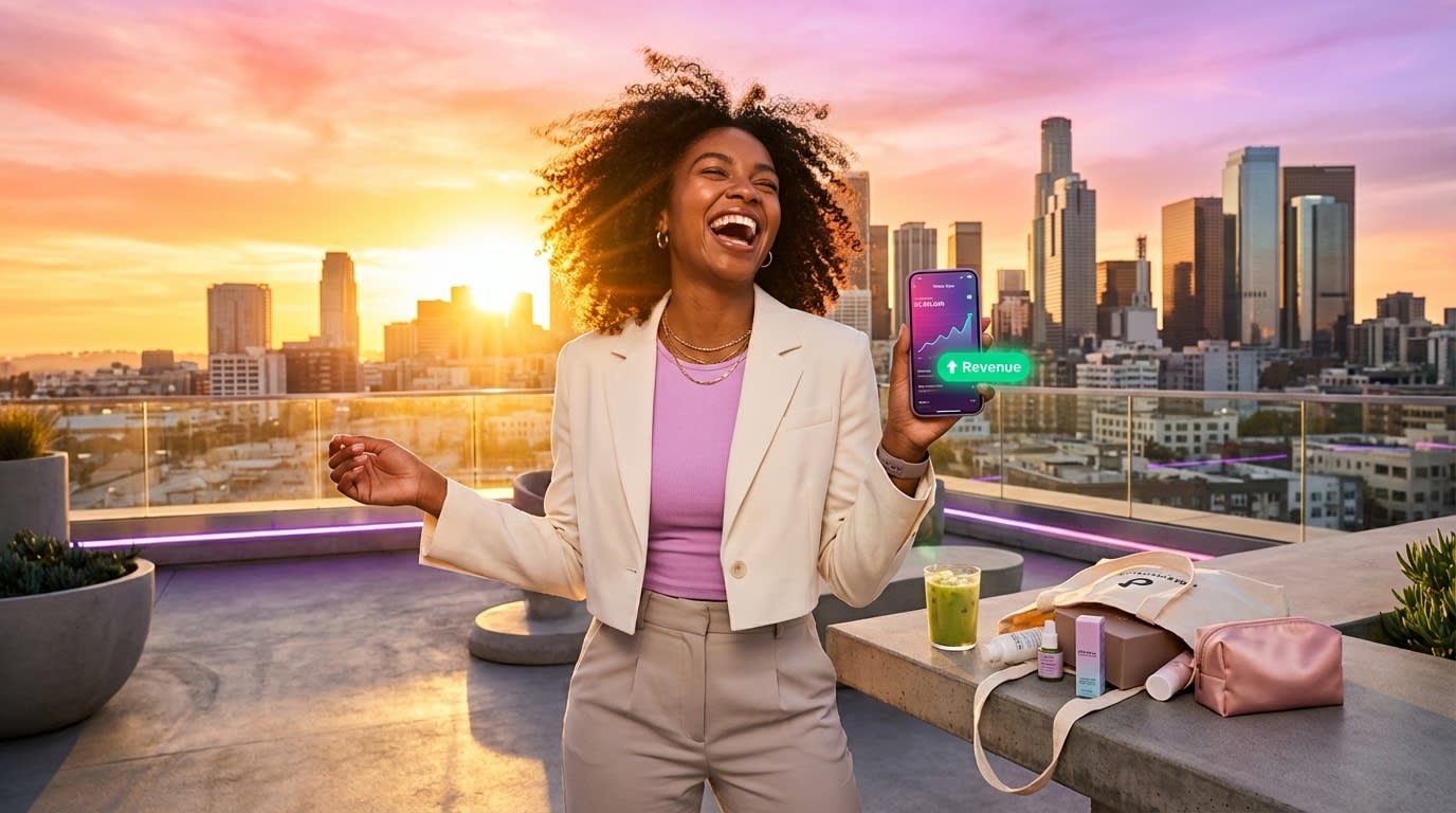 Creator reviewing $10K TikTok Shop revenue notification at golden hour with city skyline background