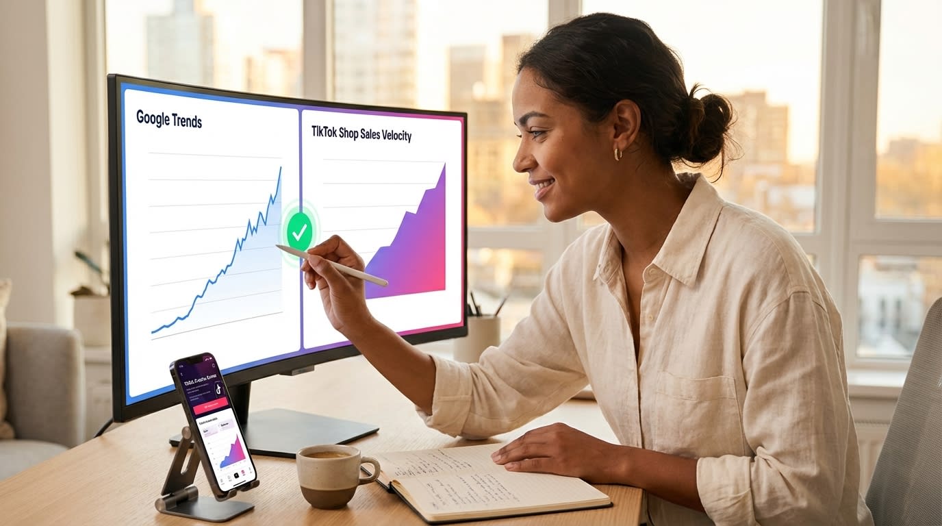 Data visualization showing Google Trends and TikTok Shop sales velocity charts confirming early trend detection