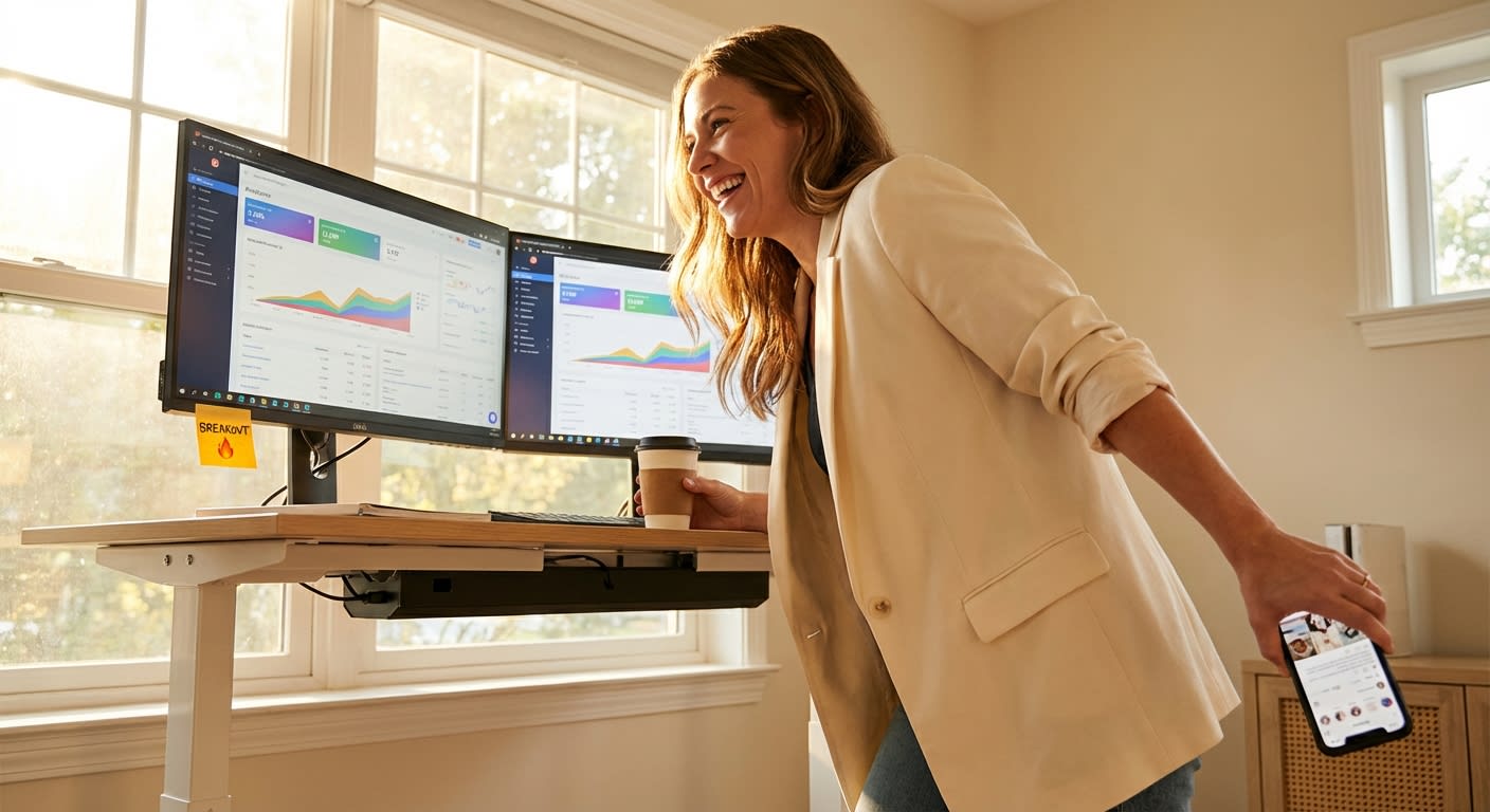 Energetic TikTok Shop seller performing daily trend scan routine with analytics dashboards showing rising metrics