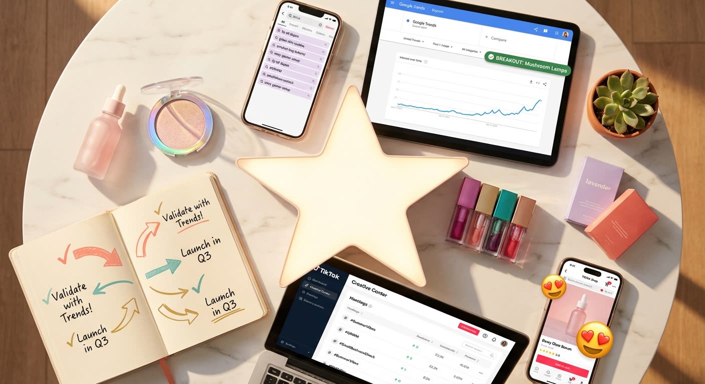 Flat lay of TikTok Shop trend detection tools including phones showing TikTok search and Google Trends with colorful products