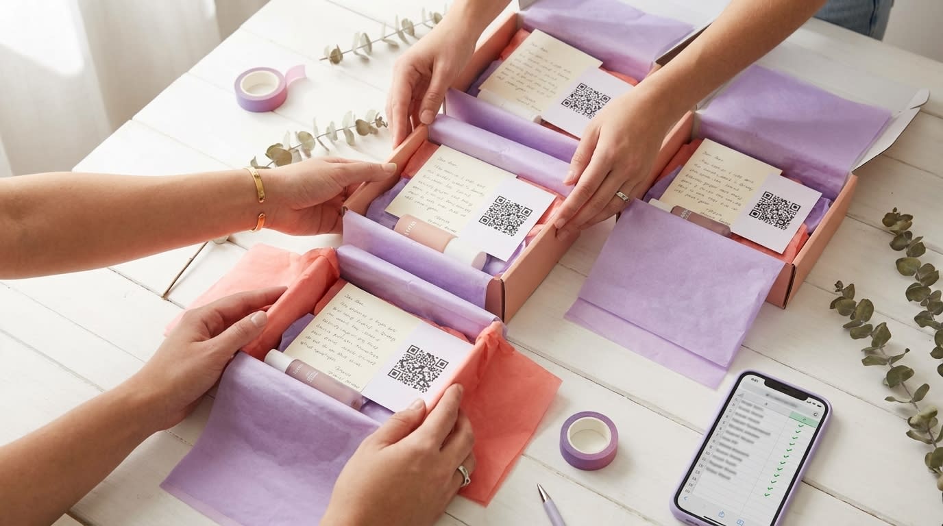 Overhead view of TikTok Shop product seeding packages being prepared with branded boxes and thank-you cards