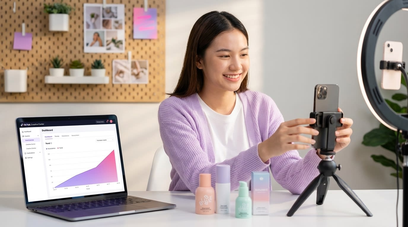 TikTok Shop creator studio with ring light, phone filming product listing, and trending sound data on laptop